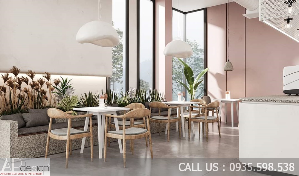 Quán cafe hiện đại với tông trắng hồng